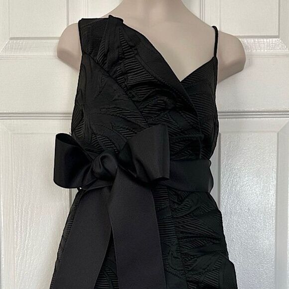 MILLY Dress Black Ruffle Jacquard Textured Bow Belt Size 0 - Picture 5 of 12